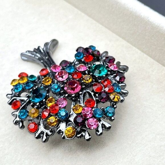 Gunmetal Gray with Multicolored Crystal Blooming Tree Pin Back Brooch - Picture 5 of 9
